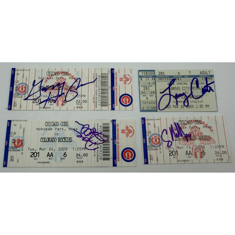 Lot of 4 Signed MLB Spring Training Tickets 2008-09 Cubs Royals Hughes Keller